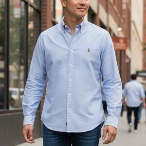 Ralph Lauren Mens Blue Knit Oxford Button Up shirt